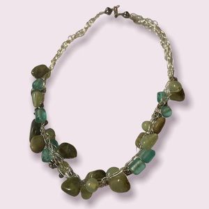 Monochromatic Green Stone Glass Beads Twisted Silver Tone Necklace